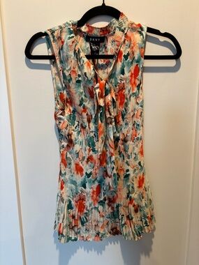 DKNY Floral Pleated Tie-Neck Sleeveless Top in White, Coral & Teal